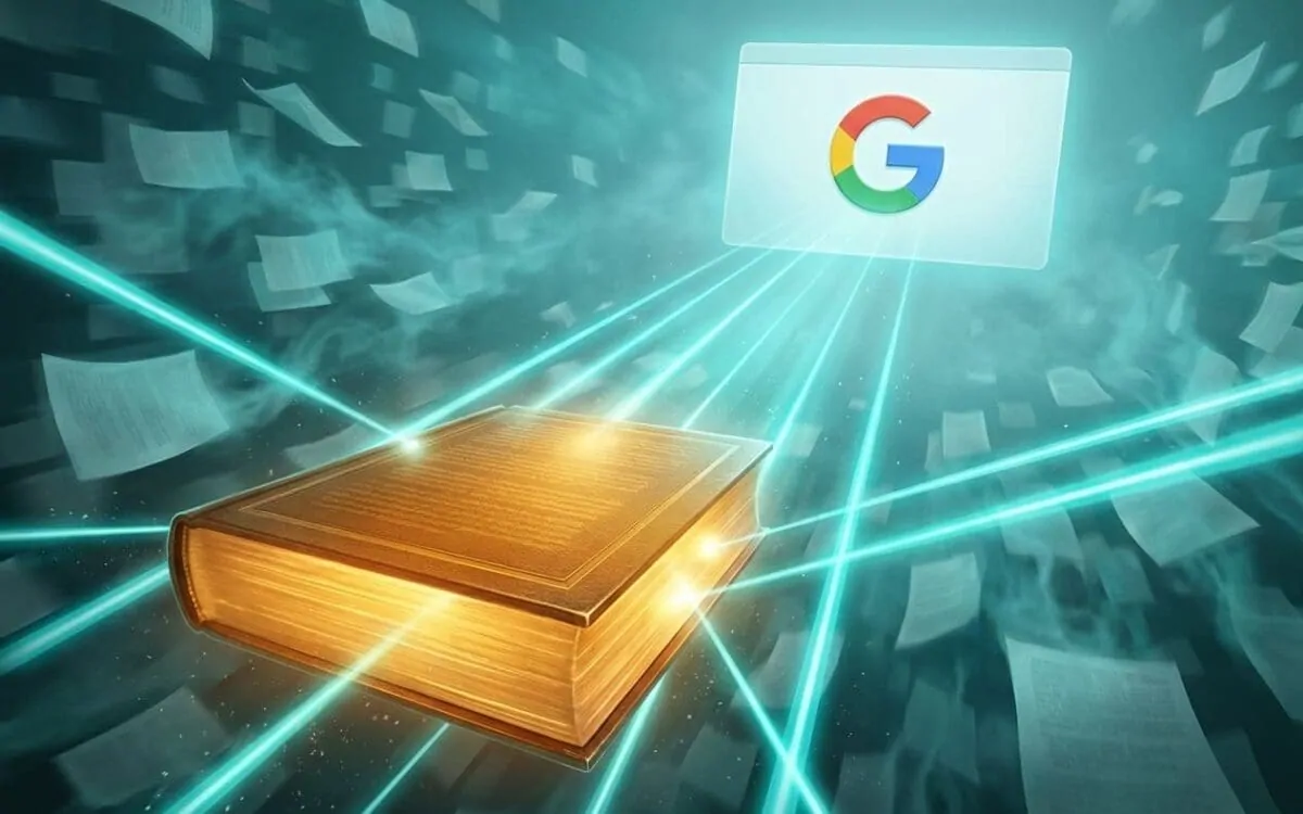 Golden book and glowing Google logo linked by teal light, papers scattered around