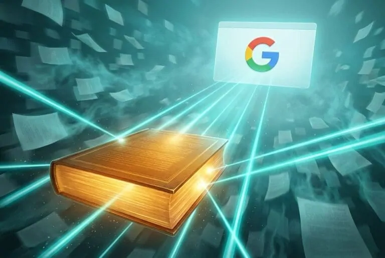 Golden book and glowing Google logo linked by teal light, papers scattered around