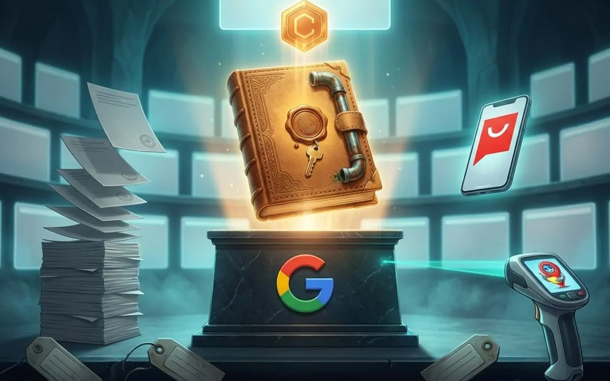 Glowing golden book with a wax seal and key floating above a Google-logo pedestal, beside paper stacks, a smartphone, and a price-tag scanner.