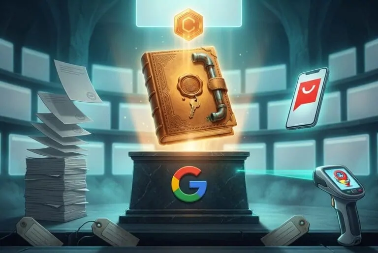 Glowing golden book with a wax seal and key floating above a Google-logo pedestal, beside paper stacks, a smartphone, and a price-tag scanner.