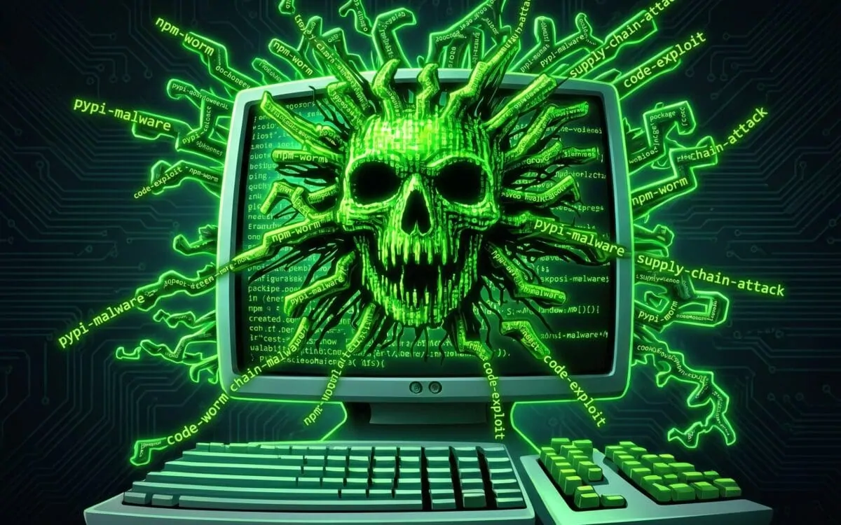 Supply-chain attack diagram exposing developer credentials across nodes