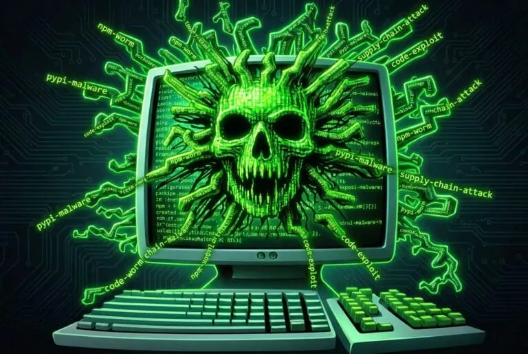 Supply-chain attack diagram exposing developer credentials across nodes