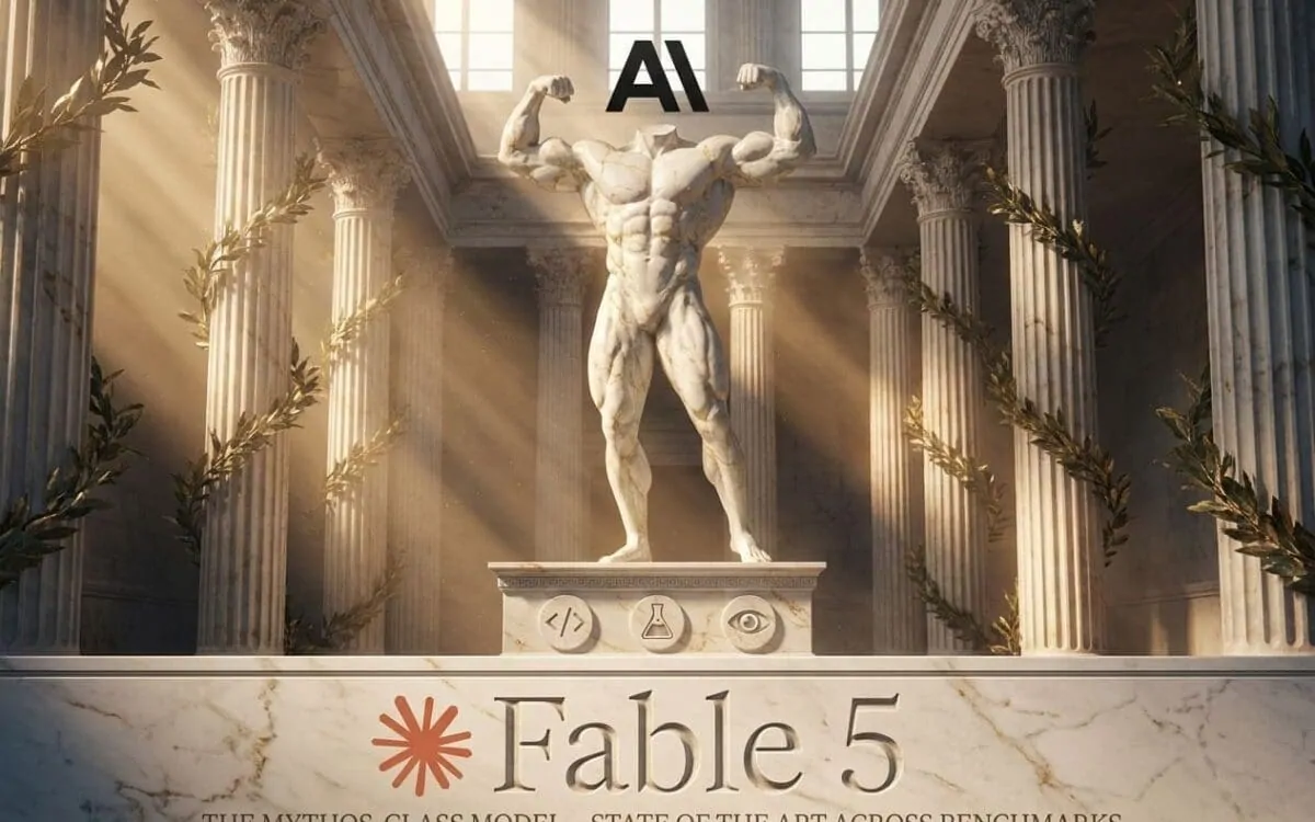 Marble statue flexing in a columned temple above a Mythos-class model banner