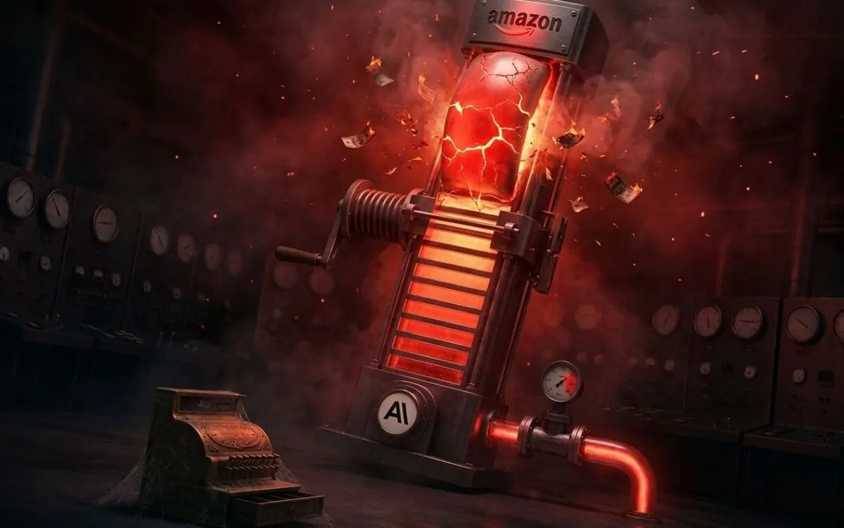 Overheating AI machine cracking and glowing red beside burning dollar bills