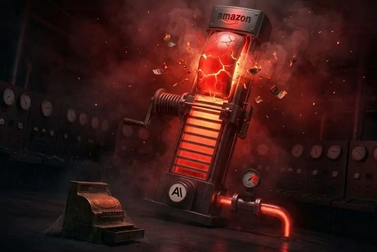 Overheating AI machine cracking and glowing red beside burning dollar bills