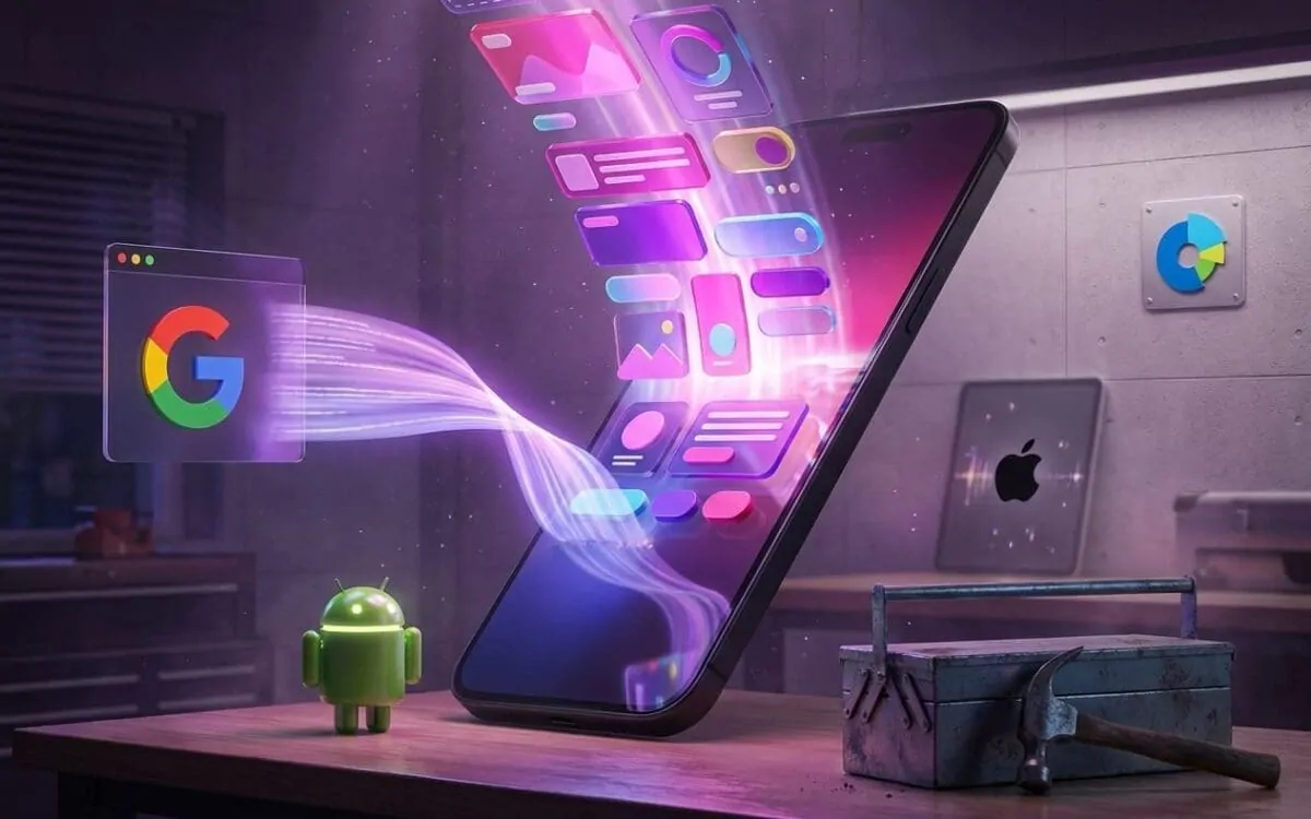 Smartphone on a workbench emitting glowing app icons, beside a Google logo, Android figurine, Apple-logo tablet, and metal toolbox with a hammer.