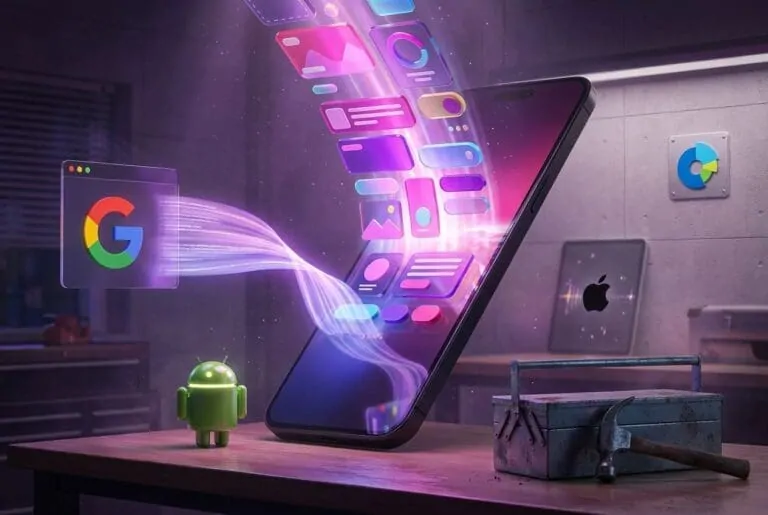 Smartphone on a workbench emitting glowing app icons, beside a Google logo, Android figurine, Apple-logo tablet, and metal toolbox with a hammer.
