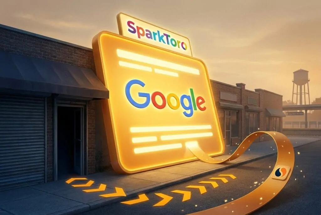 Large Google answer card hovering over a main street with a closed shopfront