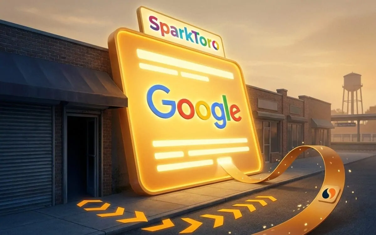 Large Google answer card hovering over a main street with a closed shopfront