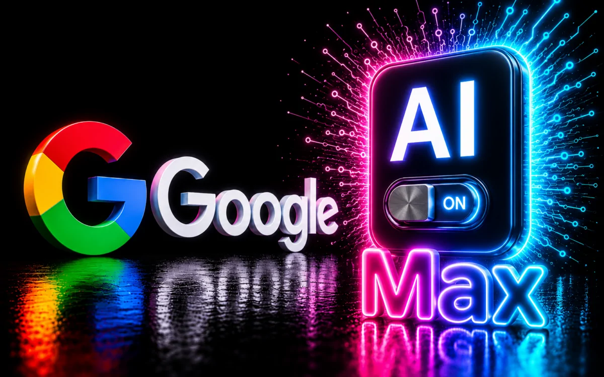 Holographic robot reviewing AI Max for Search settings in Google Ads