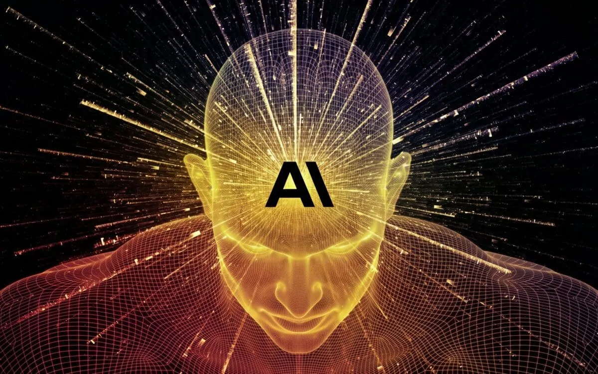 Holographic robot examining a layered wireframe brain representing Claude's internal thinking space