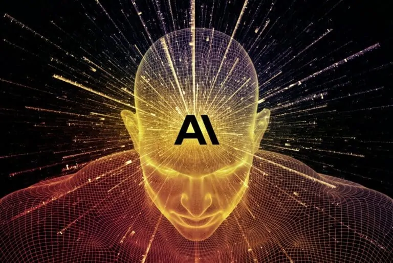 Holographic robot examining a layered wireframe brain representing Claude's internal thinking space