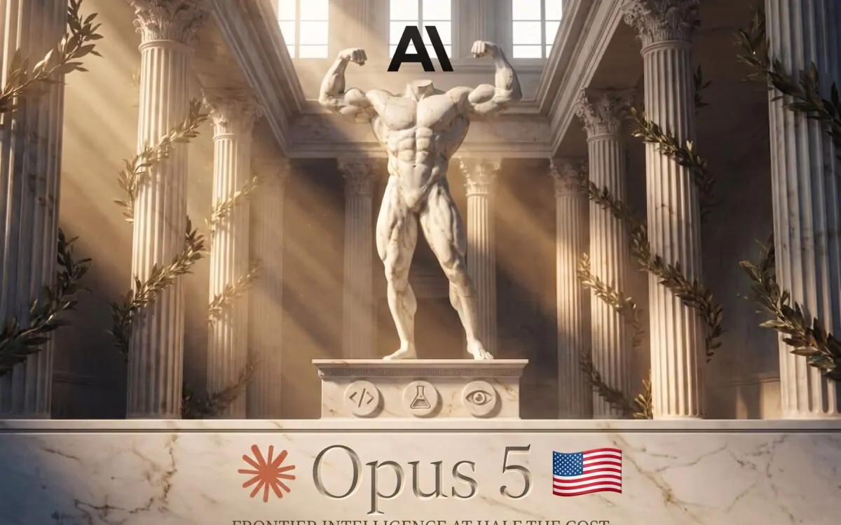 Holographic robot reviewing Claude Opus 5 benchmark charts and code