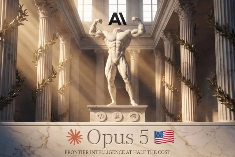 Holographic robot reviewing Claude Opus 5 benchmark charts and code