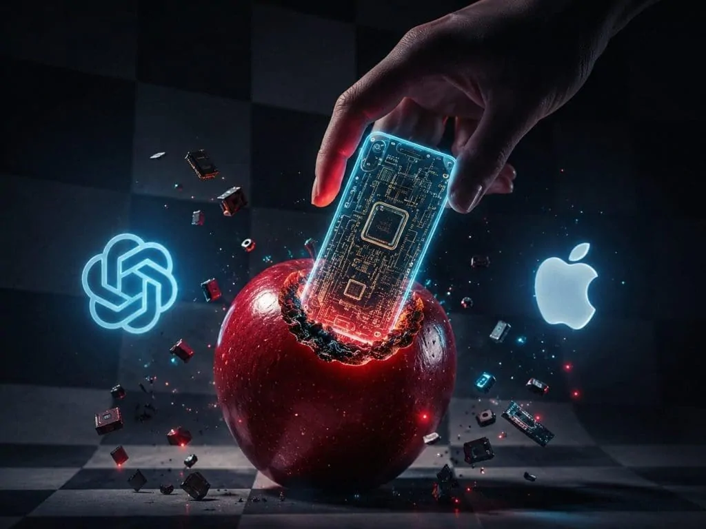 Apple and OpenAI logos facing off like legal opponents