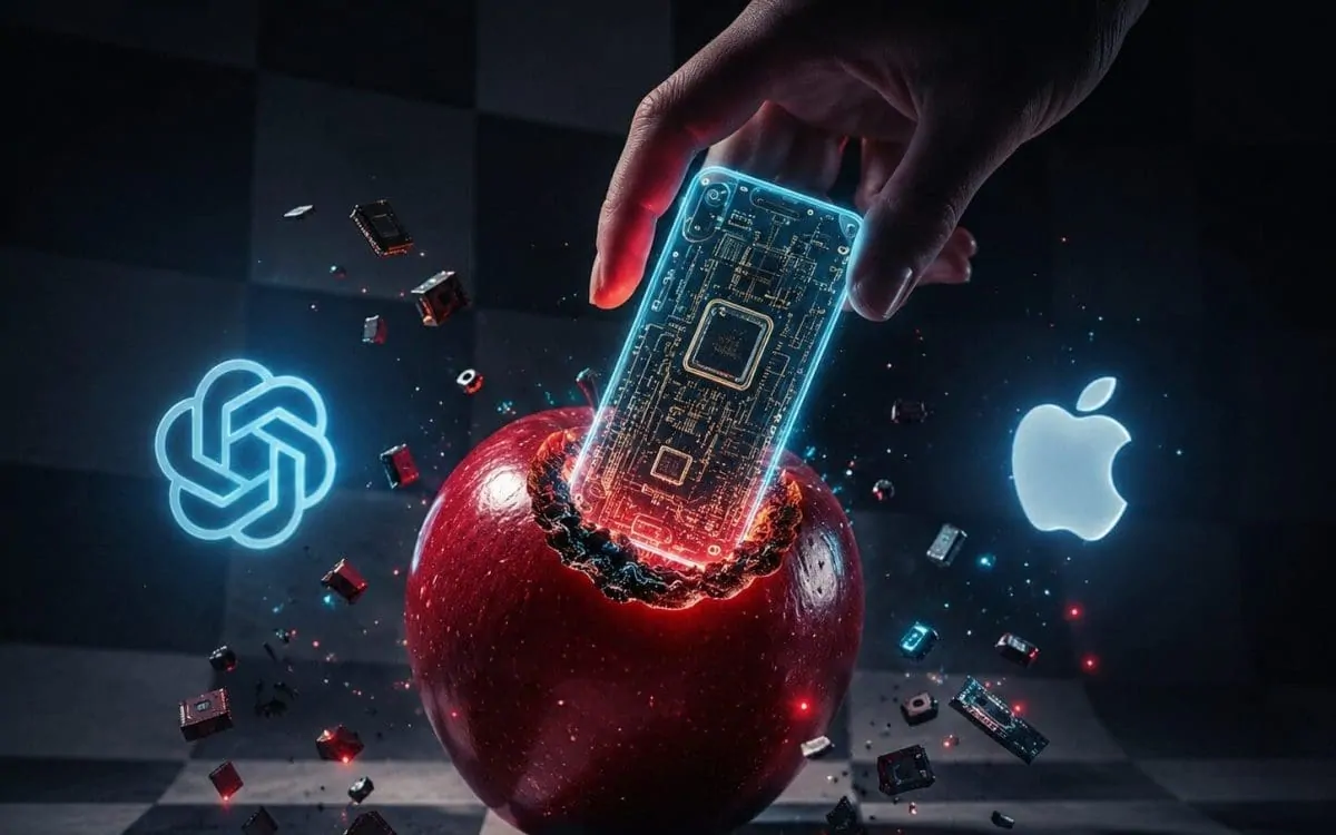 Apple and OpenAI logos facing off like legal opponents