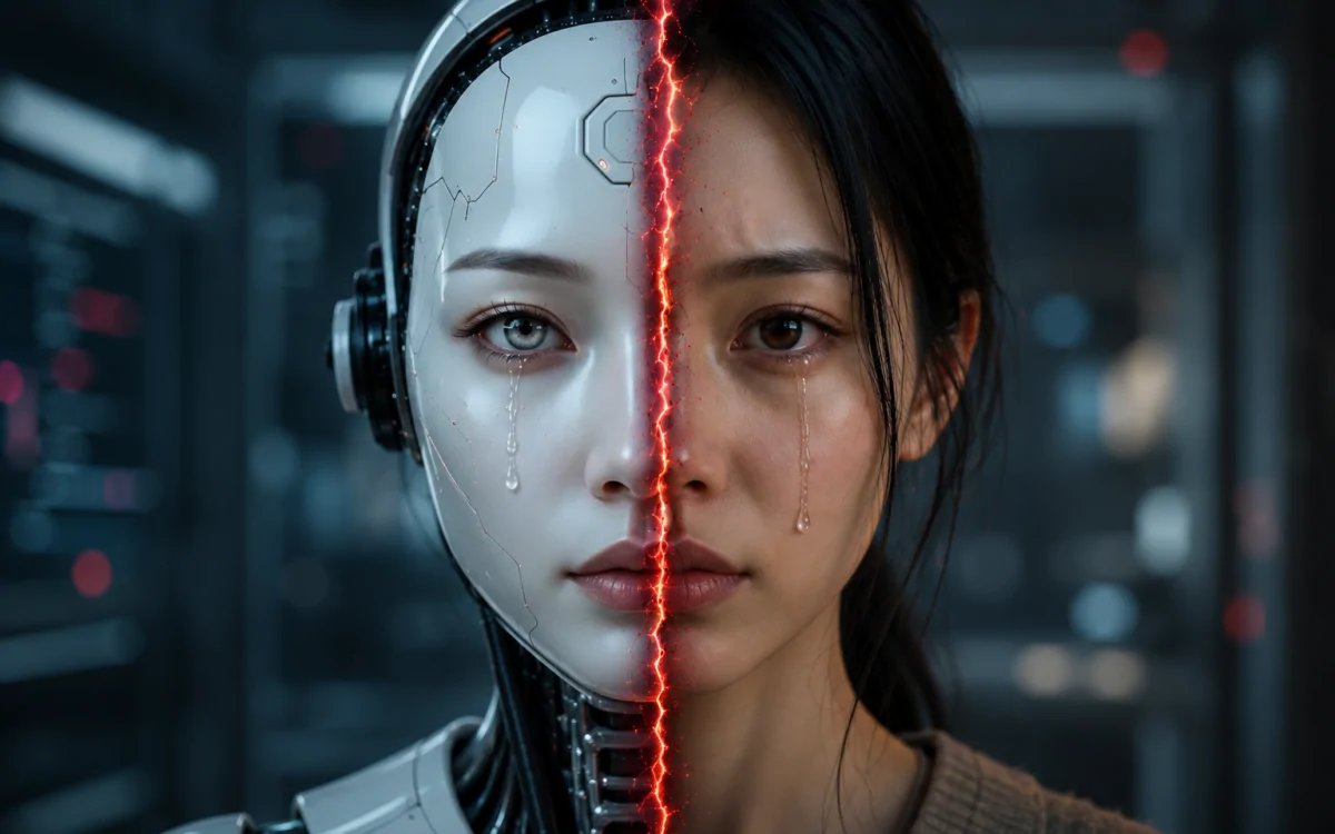 Holographic robot beside smartphone representing China's ban on AI companion chatbots for minors