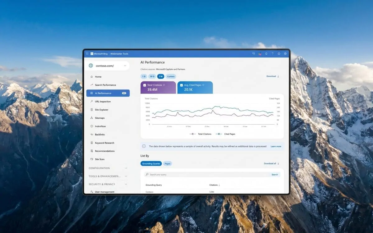 Holographic robot analyst reviewing floating citation dashboards in Bing Webmaster Tools AI Performance report