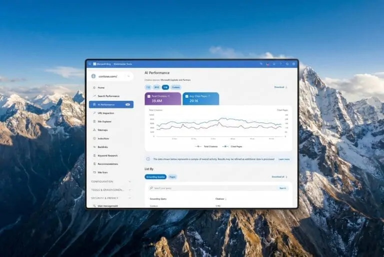 Holographic robot analyst reviewing floating citation dashboards in Bing Webmaster Tools AI Performance report