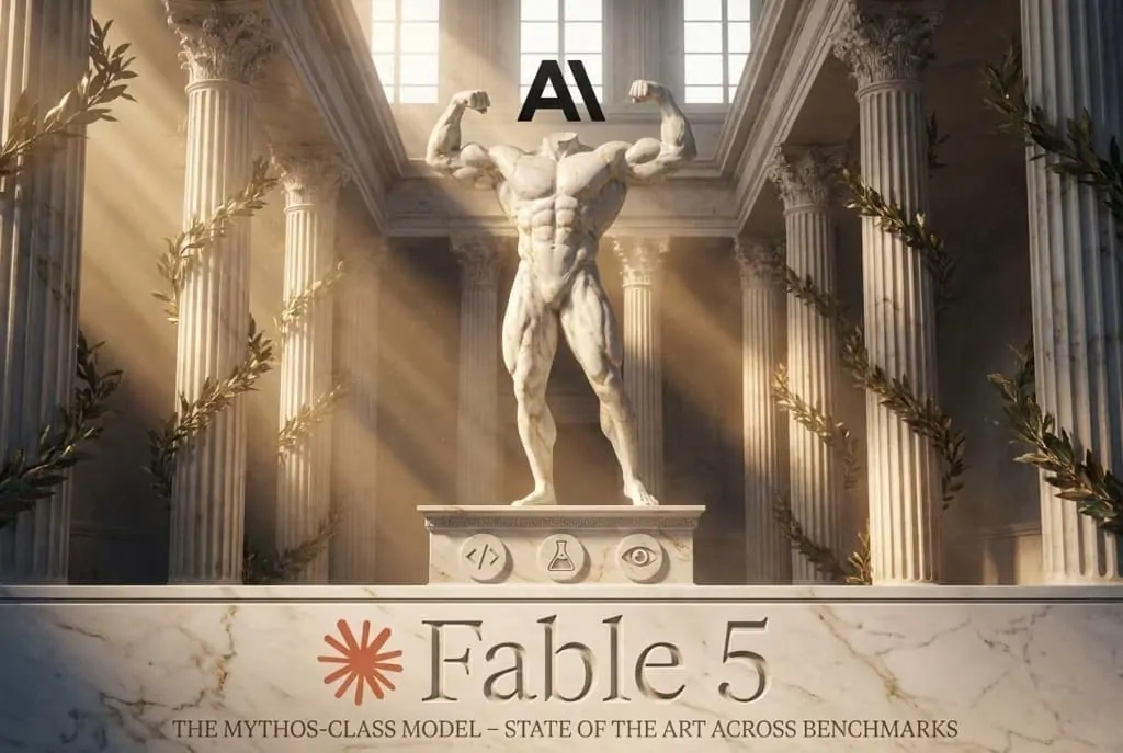 Holographic robot at a transparent display for Claude Fable 5 extended access