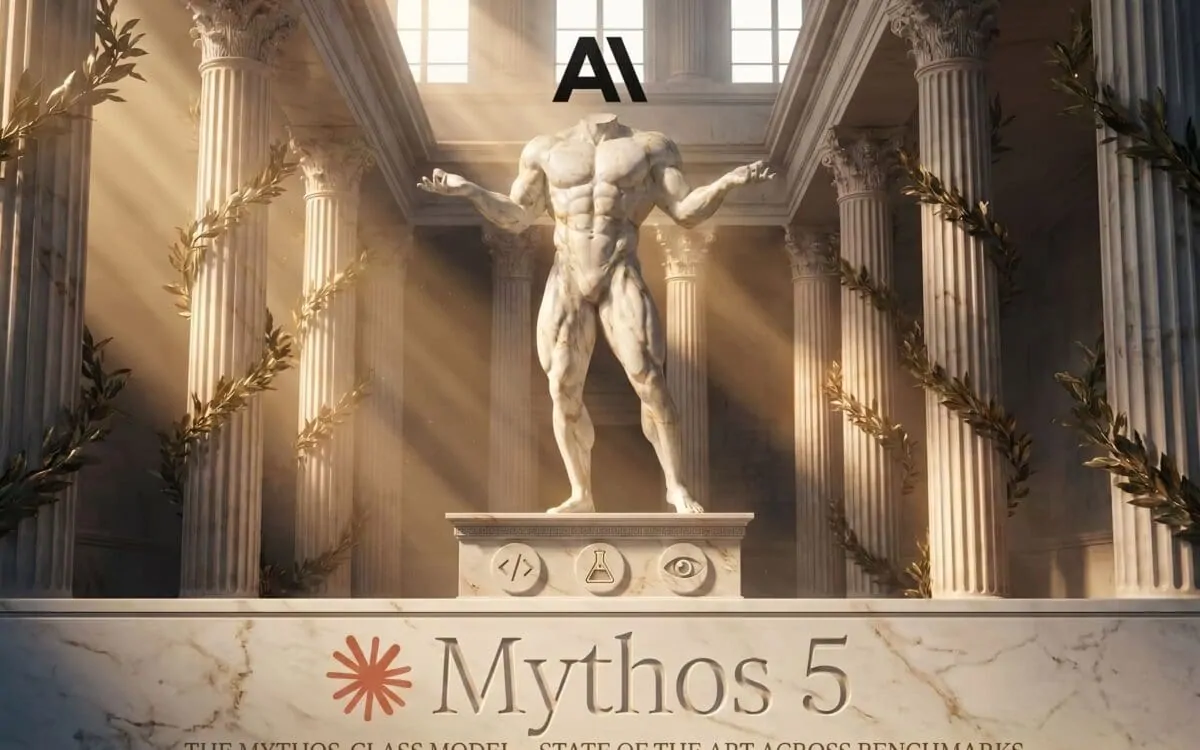 Marble statue beside the Anthropic Mythos 5 logo under a limited Commerce Department license