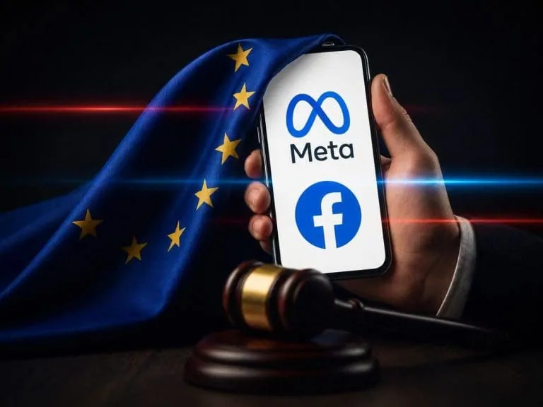 European Commission building exterior with Meta logo overlay