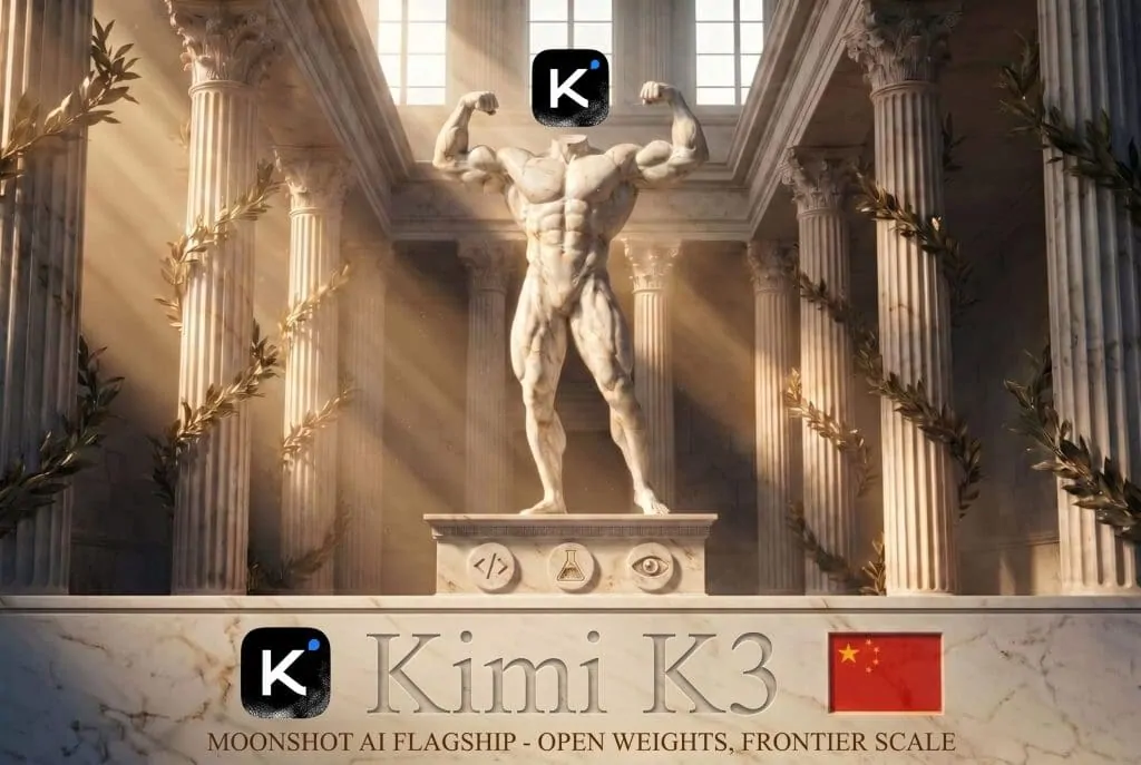 A handheld device displaying the Kimi K3 open AI model with 2.8 trillion parameters