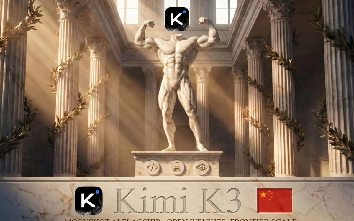 A handheld device displaying the Kimi K3 open AI model with 2.8 trillion parameters