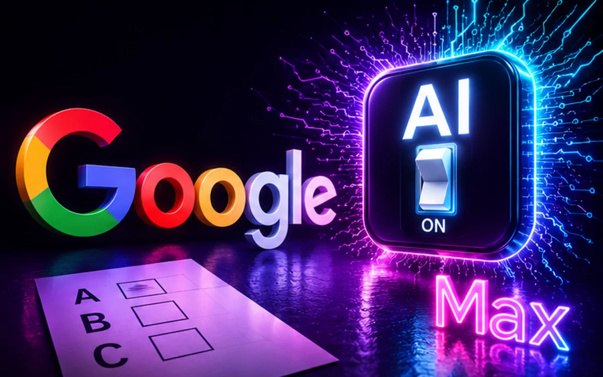 Holographic robot reviewing Google Ads AI Max copy and performance charts
