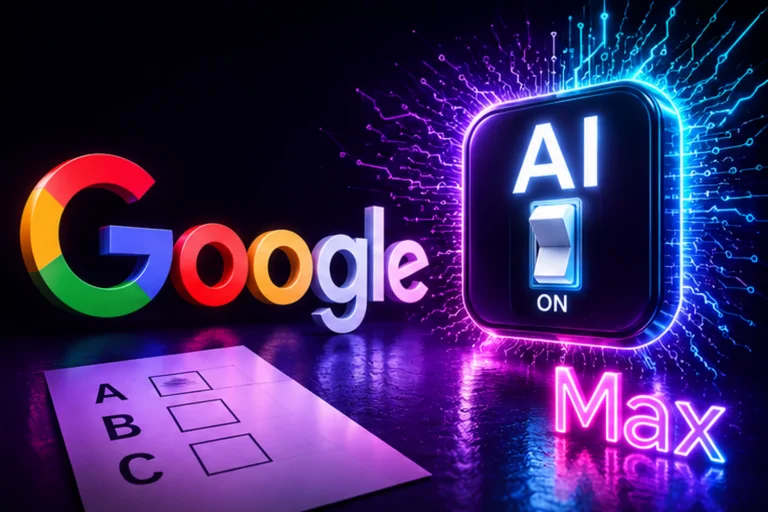 Holographic robot reviewing Google Ads AI Max copy and performance charts