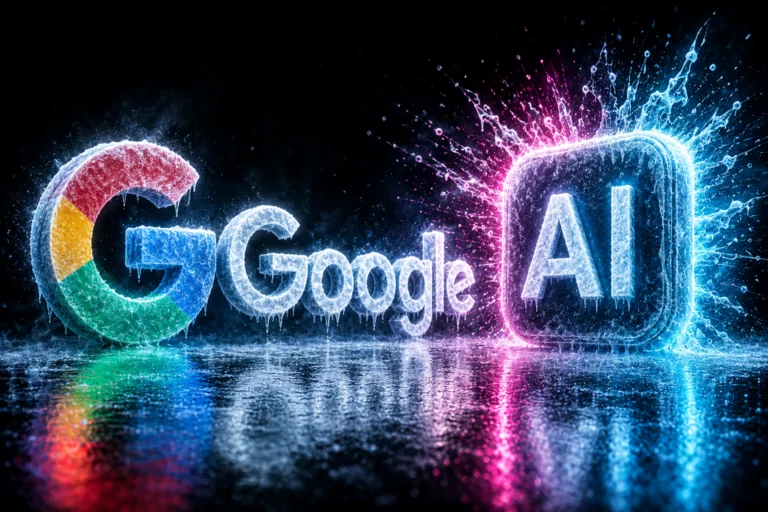 Holographic robot in a bright server room illustrating Google's Gemini AI chip project