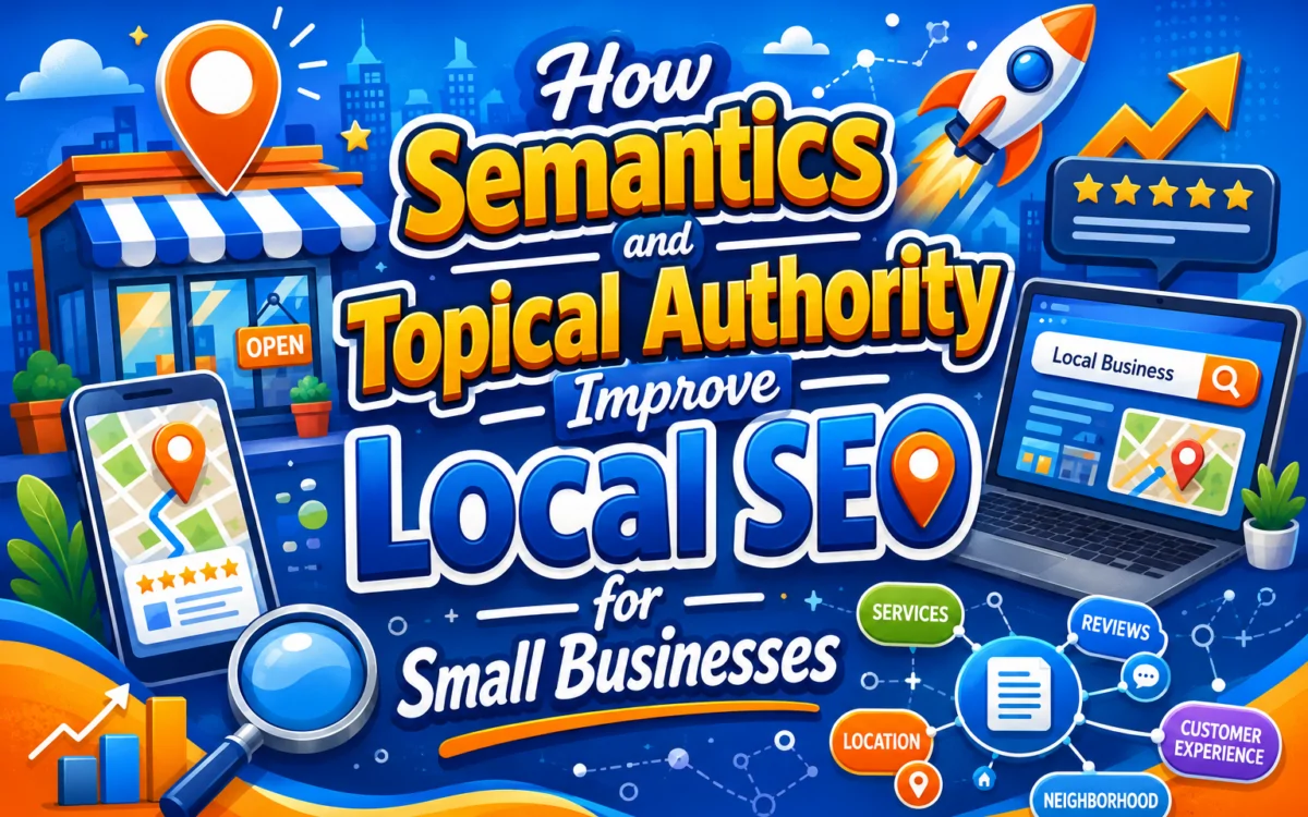 Small business owner planning local SEO pages with semantic grouping on a laptop