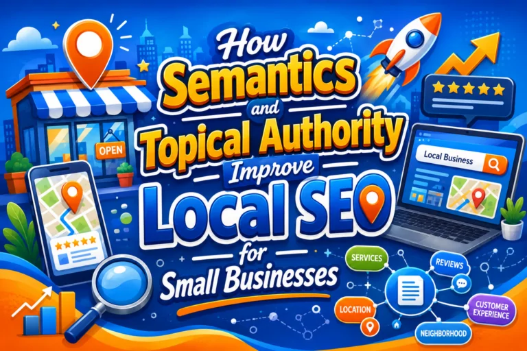 Small business owner planning local SEO pages with semantic grouping on a laptop