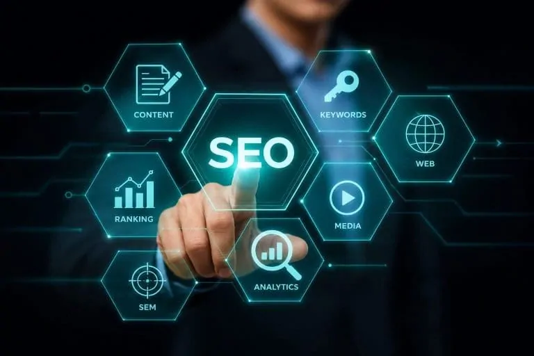Chess piece representing SEO strategy beside AI search icons