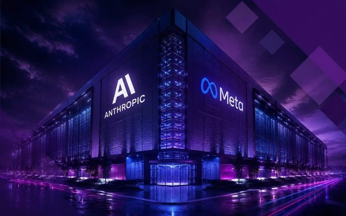 Holographic robot in a data center reviewing a Meta and Anthropic compute lease agreement
