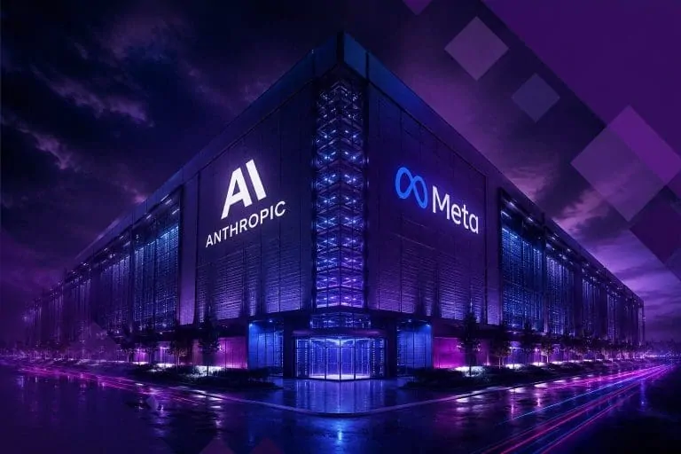 Holographic robot in a data center reviewing a Meta and Anthropic compute lease agreement