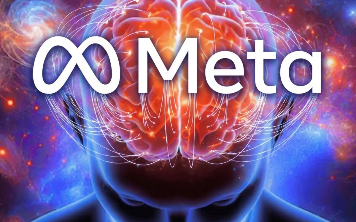 Human head with glowing brain and Meta logo illustrating Brain2Qwerty v2 brain-to-text AI