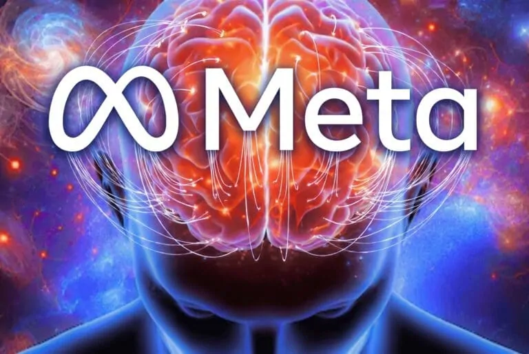 Human head with glowing brain and Meta logo illustrating Brain2Qwerty v2 brain-to-text AI