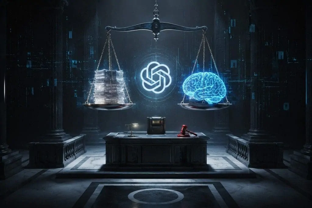 Newsroom editors reviewing OpenAI legal documents at a desk