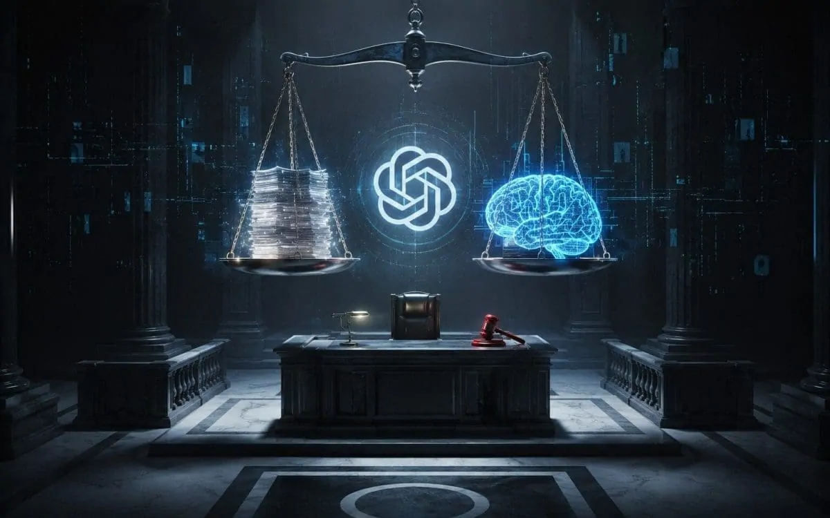 Newsroom editors reviewing OpenAI legal documents at a desk