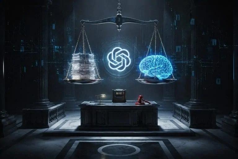 Newsroom editors reviewing OpenAI legal documents at a desk