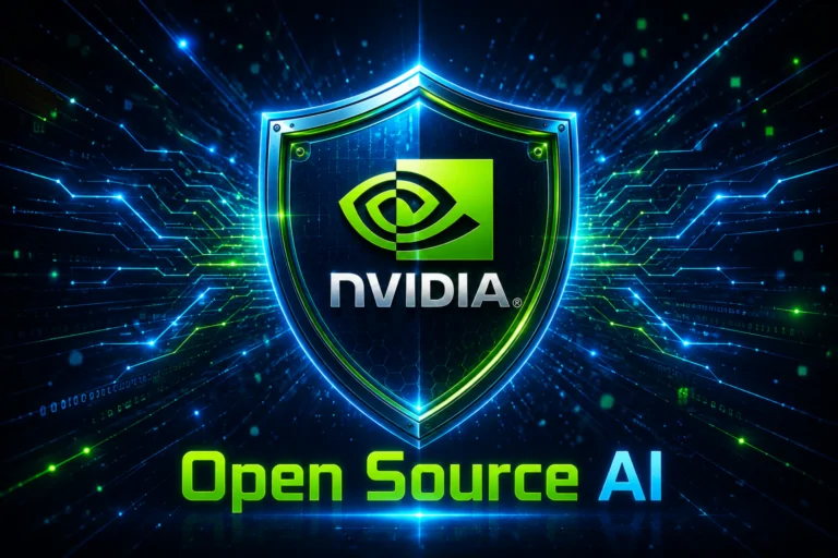 Holographic robot holding shield and padlock on stage at Open Secure AI Alliance launch