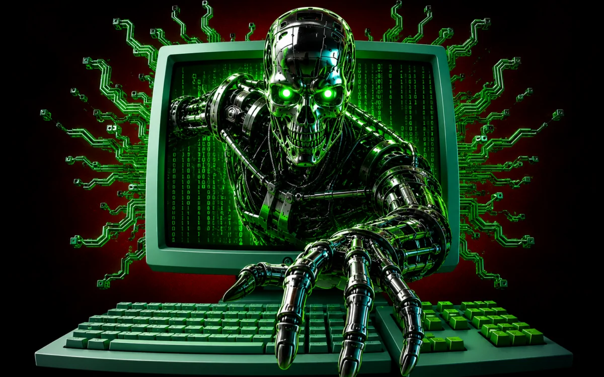 Holographic AI agent reaching across network lines to a second terminal