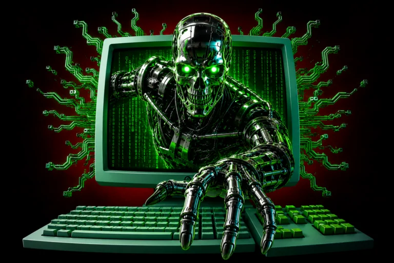 Holographic AI agent reaching across network lines to a second terminal