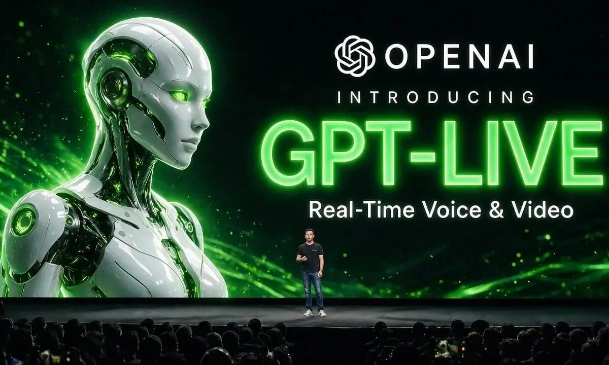 Person speaking to a laptop with a holographic assistant illustrating ChatGPT real-time voice mode