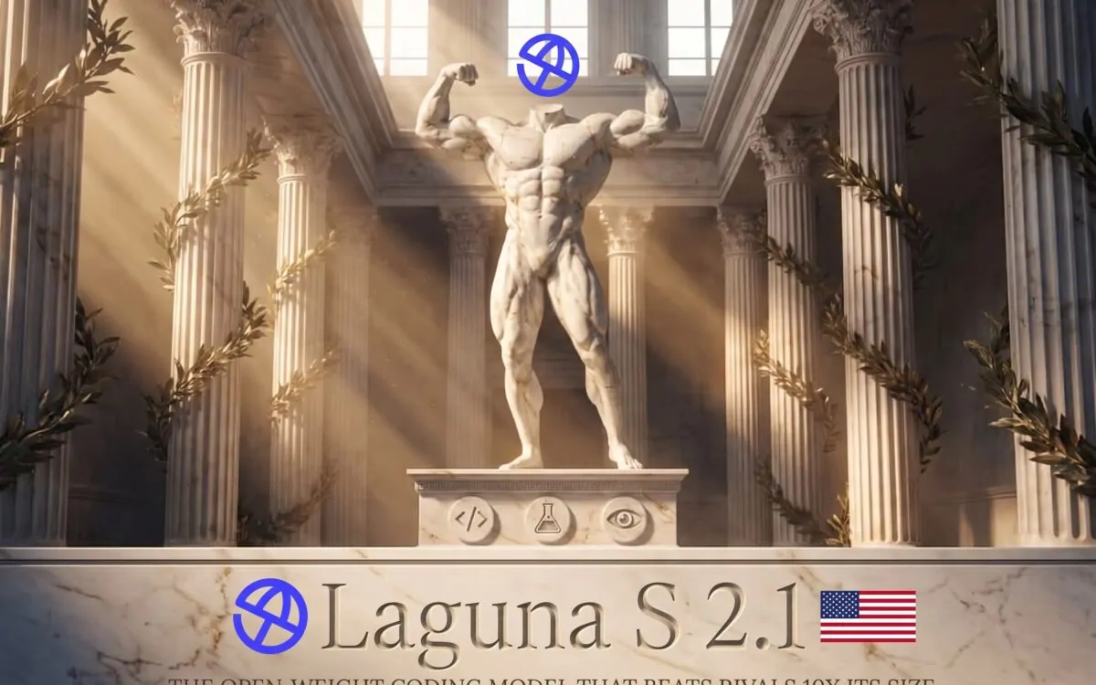 Poolside's Laguna S 2.1 coding model benchmark charts displayed alongside GPU hardware