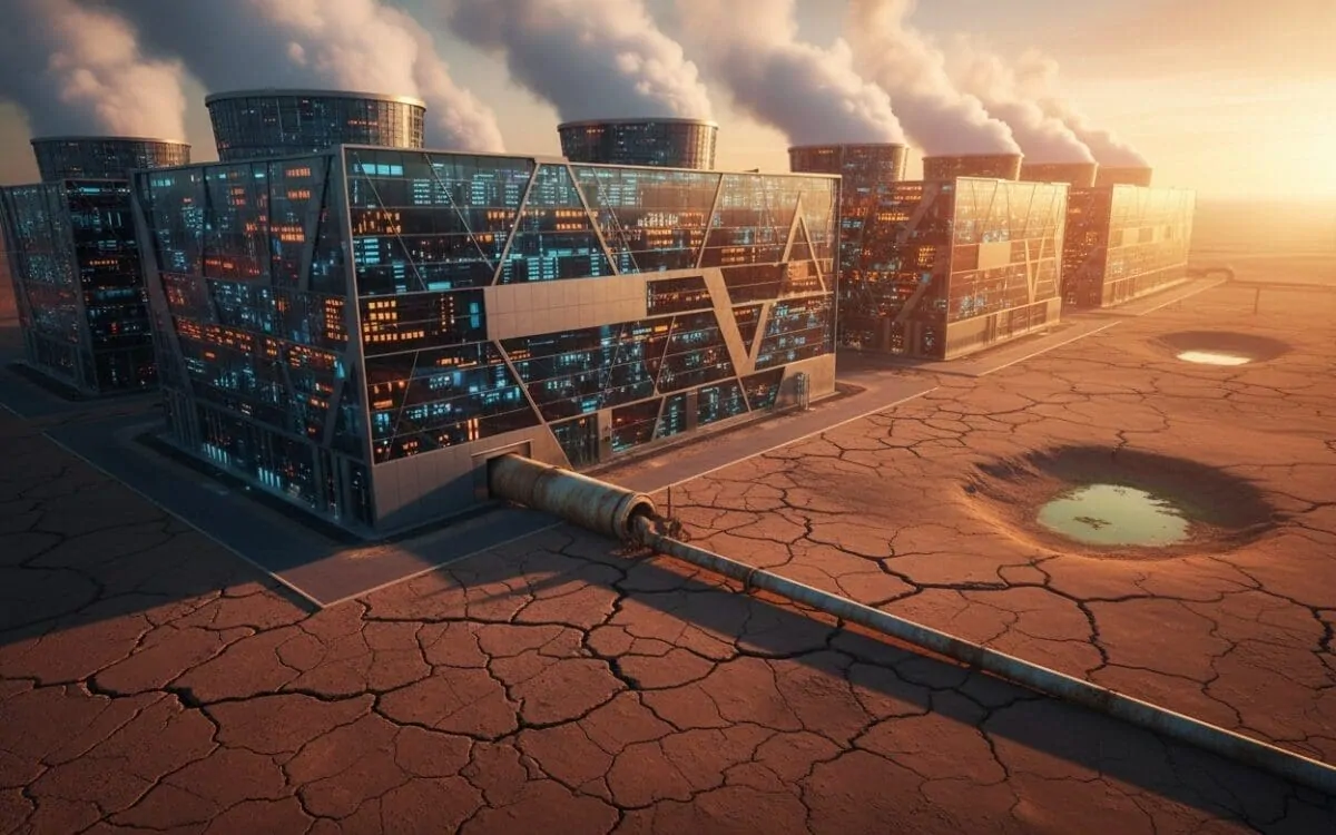 Holographic robot overlooking data center cooling towers releasing water vapor, illustrating AI-driven water consumption.