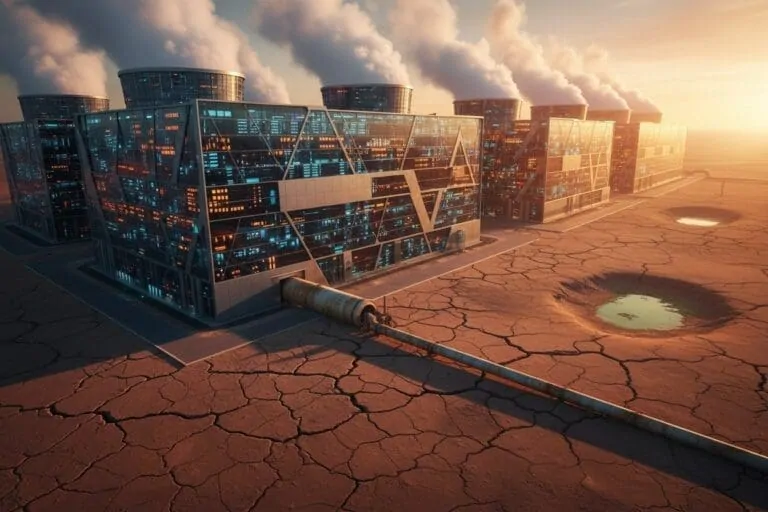 Holographic robot overlooking data center cooling towers releasing water vapor, illustrating AI-driven water consumption.