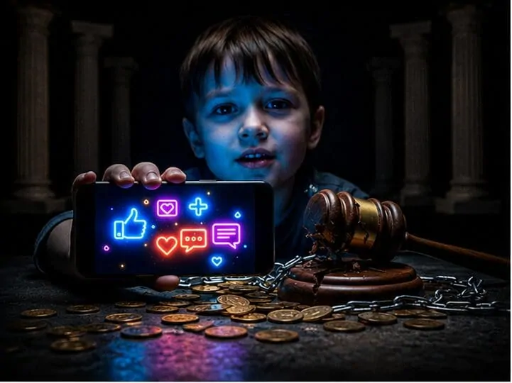 Courtroom scales with Meta logo, representing four states child addiction lawsuit