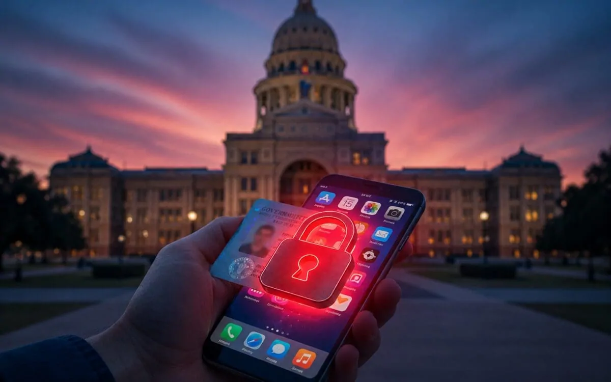 Holographic robot beside a glowing smartphone and digital scales of justice, representing Texas app store age verification Supreme Court ruling.